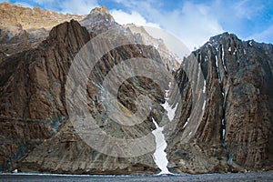 Geological Layers / Rocky textures of a weathered mountain face in Spiti Valley, Himachal Pradesh, India. Close up of a Brown Rock