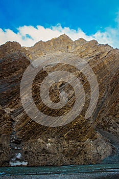 Geological Layers/Rocky textures of a weathered mountain face in Spiti Valley, Himachal Pradesh, India. Unusual landscape scenery.