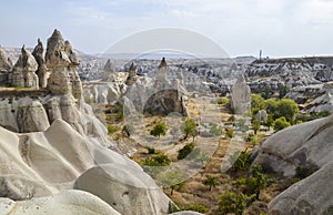 Geological mountain formations with dovecotes of the Pigeon valley in Goreme, Cappadocia, Turkey