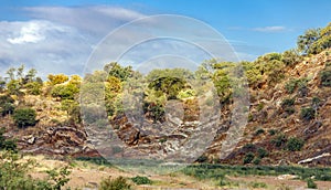 Geological outcrops with igneous outcrops on the banks of the dry riverbed