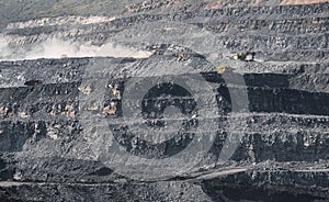 Geological section of soil, layers of coal and rock. Overburden open mine anthracite. Dark texture black color photo