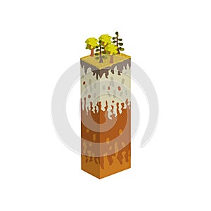 Geological section, stratigraphic column with cut of soil, grass, roots, rock and ground layers vector Illustration on a
