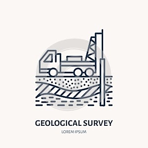 Geological survey, engineering vector flat line icon. Geodesy equipment. Geology research, taking soil sample photo