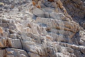 Geological textured cliff face showing years of sand and wind erosion in the desert of Ras al Khaimah, United Arab Emirates near