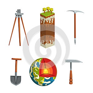 Geological Tool and Symbols with Tripod, Shovel, Pickaxe, Earth Core and Column of Soil Cut Section Vector Set