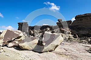 Geological Unusual rock formations, Valle de la Luna , Ischigualasto National Park, paleontological reserve Triassic