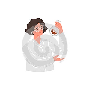 Geologist analyzing soil levels and composition, scientist woman in white coat with vial of liquid vector illustration