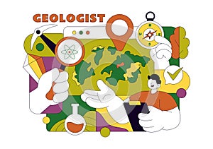 Geologist Illustration Featuring Soil Analysis and Earth Surface Features For Scientific Research, Exploration, or Expedition