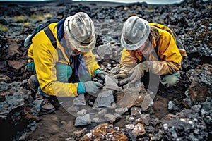 Geologists Examining Rock Samples For Uranium Content And Quality. Generative AI