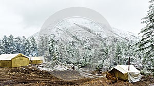 Geologists tents on the background