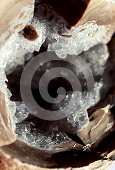 Geology of beauty. Texture of gemstone clear agate closeup as a part of cluster geode filled with rock Quartz crystals.