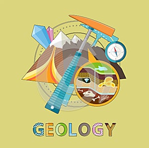 Geology Emblem with Pick, Mountain and Minerals