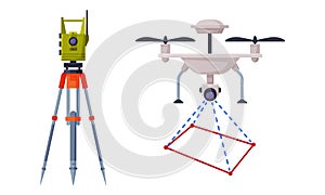 Geology Instrument and Tool with Tacheometer on Tripod and Copter Vector Set