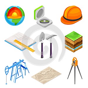 Geology Measurement Instruments with Soil Cross Section and Prospecting Hammer Vector Set photo