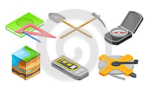 Geology Measurement Instruments with Soil Cross Section and Prospecting Hammer Vector Set photo