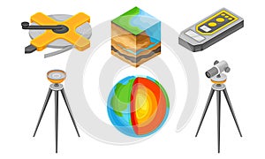Geology Measurement Instruments with Soil Cross Section and Tripod Device Vector Set