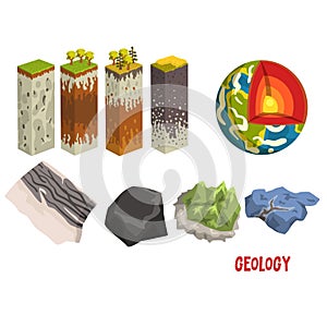 Geology science elements, stratigraphic columns, Earth detailed structure,mineral stones vector Illustration on a white