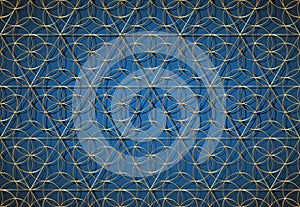Seamless gold Flower of life symbol on blue background, Sacred Geometry. Golden Geometric mystic mandala of alchemy esoteric sign