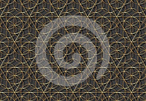 Seamless gold Flower of life symbol on dark gray background, Sacred Geometry. 3D Golden Geometric mystic mandala alchemy template