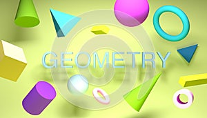 Geomerty set of 3d levitation shapes. Colorful render. Different elements. Sphere, cube, cone, box, torus, cilynder