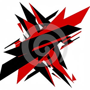 Geometric abstract art featuring sharp, angular shapes in red and black. The
