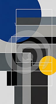 Geometric abstract artwork featuring intersecting rectangles and lines in shades of