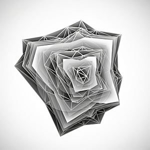 Geometric abstract artwork featuring layered angular shapes with a 3D effect