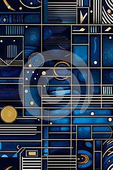Geometric Abstract beatiful vintage background Artwork in blue and gold Tones, glass mosaic, retrofuturism. Abstract artistic photo