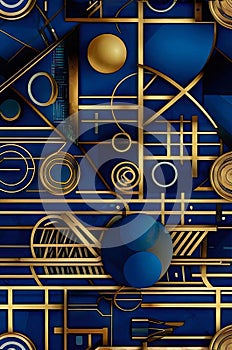 Geometric Abstract beatiful vintage background Artwork in blue and gold Tones, glass mosaic, retrofuturism. Abstract artistic photo