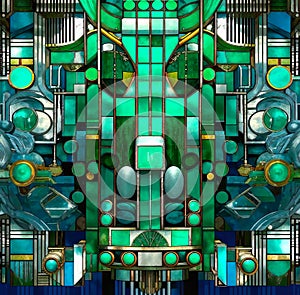 Geometric Abstract beatiful vintage background Artwork in blue and green Tones, glass mosaic, retrofuturism. Abstract artistic photo