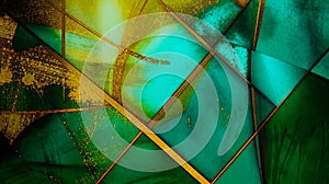 Geometric Abstract beatiful vintage background Artwork in gold and green Tones, glass mosaic, retrofuturism. Abstract artistic photo