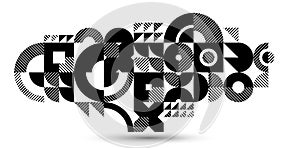 Geometric abstract black and white art, vector geometrical background with tiles of circles and other shapes, stripy texture