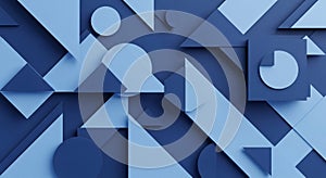 Geometric abstract composition featuring an array of shapes including triangles,