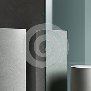 Geometric abstract composition featuring cylindrical and rectangular columns with a