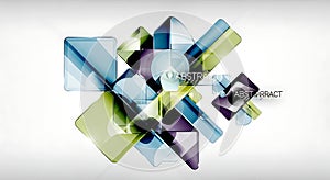 Geometric abstract composition with translucent squares and rectangles in blue, green, purple