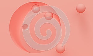 Geometric abstract coral background with a round window and balls. 3d rendering