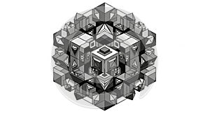 Geometric abstract design with a central cube-like structure, featuring various