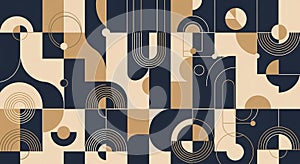 Geometric Abstract Pattern in Beige Navy and Gold with Curved Lines and Circles (776