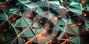 A geometric abstract pattern composed of numerous interconnected 3D triangular shapes, creating a faceted surface.