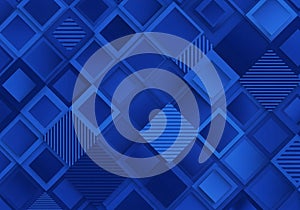Geometric abstract pattern composed of overlapping blue squares and rectangles. The design features