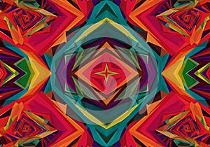 Geometric abstract pattern composed of vibrant, interlocking shapes in a
