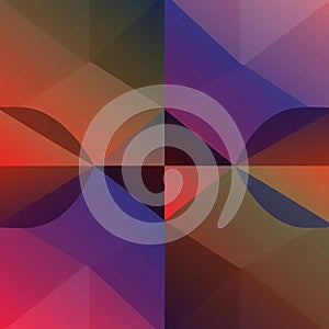 Geometric abstract pattern features overlapping shapes, including triangles and