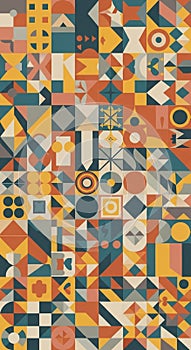A geometric abstract pattern featuring an array of shapes such as circles, triangles,