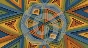 Geometric abstract pattern featuring layered triangles and squares in blue, orange,