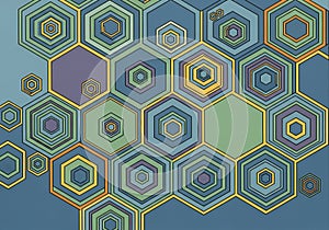 Geometric abstract pattern with overlapping hexagons in various sizes, featuring concentric