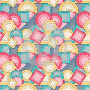 Geometric abstract pattern of pink,brink pink, shadow blue, cadet gray, orange yellow, wheat, green, blue color square, triangle.