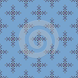 Geometric abstract pattern, seamless print of contour elements with colored rhombuses and squares, blue background