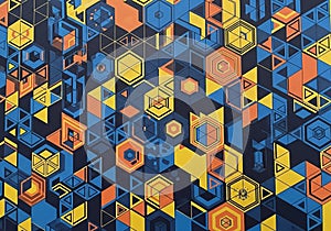 Geometric abstract pattern showcasing a mosaic of hexagons, triangles, and rectangles in bold