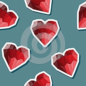 Geometric abstract polygonal bright red colored hearts seamless pattern background for use in design for valentines day or wedding