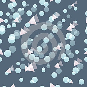Geometric abstract seamless background. Repeating bokeh pattern with blue circles and pink triangles. Vector